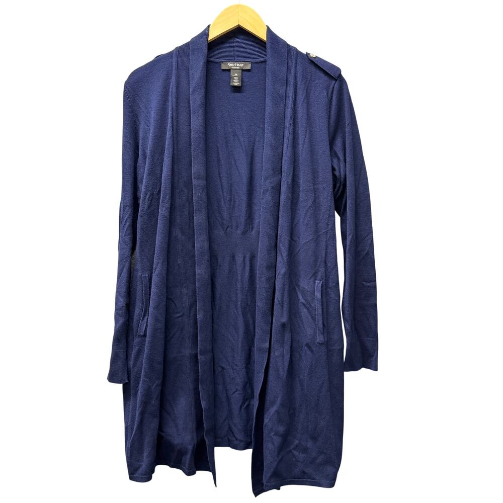 WHBM Sweater Womens Petite Medium Mp Blue Open Cardigan Duster‎ Coastal Knit